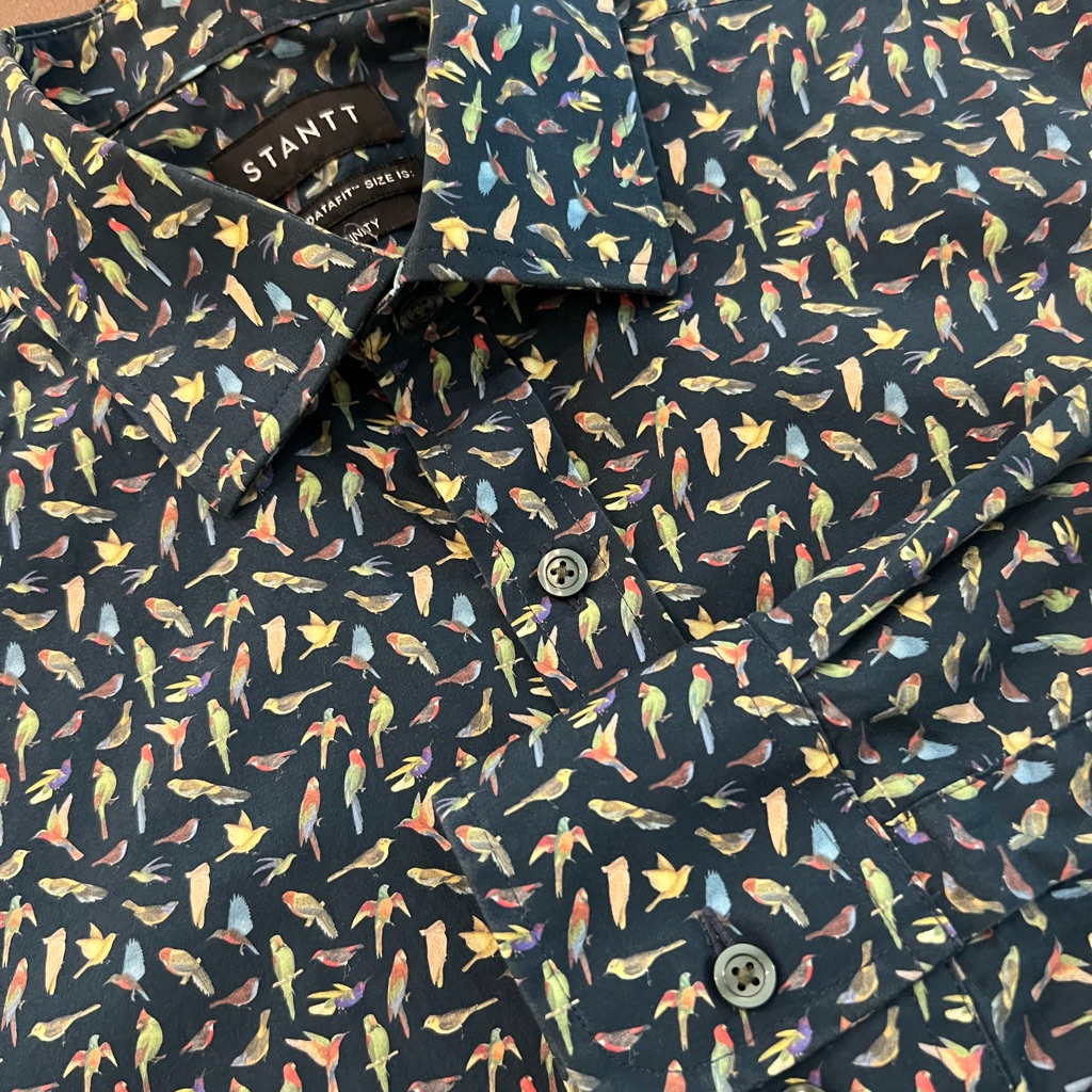 Men's Navy Long-Sleeve Button-Down Shirt With Multicolor Parrot Print Tropical